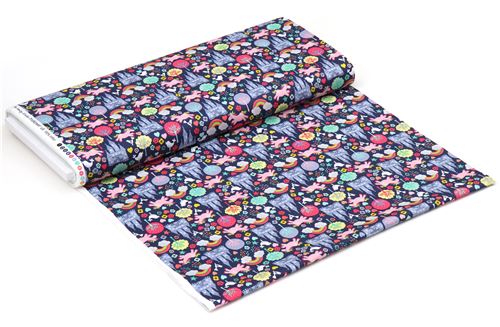 navy blue fabric with rainbow castle unicorn animal makower uk Fantasy 3