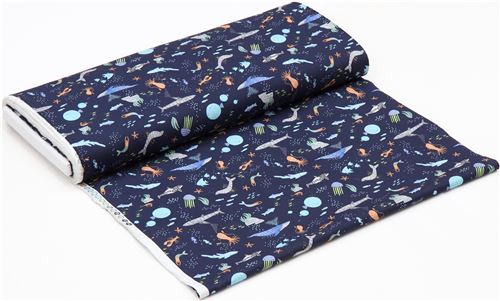 navy blue fabric with whale shark fish animal by Dear Stella USA - modeS4u