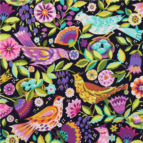 navy blue flower bird fabric Folk Birds Jewel Michael Miller USA Fabric ...