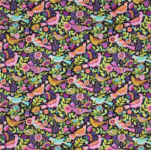 navy blue flower bird fabric Folk Birds Jewel Michael Miller USA Fabric ...