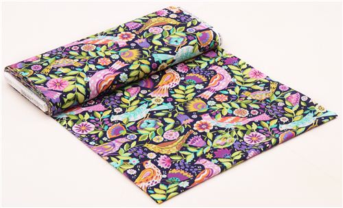 navy blue flower bird fabric Folk Birds Jewel Michael Miller USA Fabric ...