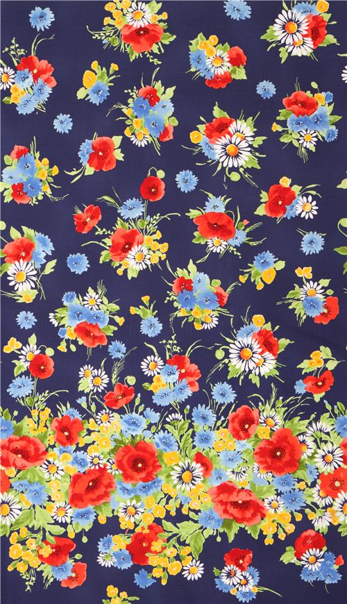 navy blue flower single border fabric 'Bette' by Michael Miller Fabric ...