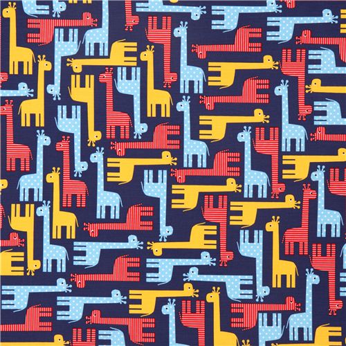 navy blue giraffe animal fabric red-yellow Robert Kaufman 2