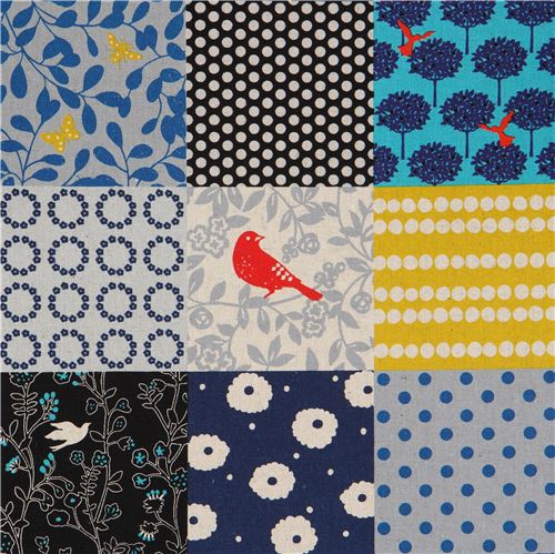 Toile echino bleu marine et grise avec des carrés à motifs, Story Tissu