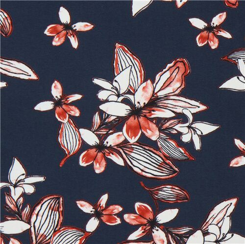 Remnant (37 x 155 cm) - navy blue knit fabric with retro flowers by ...