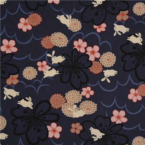 navy blue pink sakura flower white rabbit Japanese cotton fabric Fabric ...