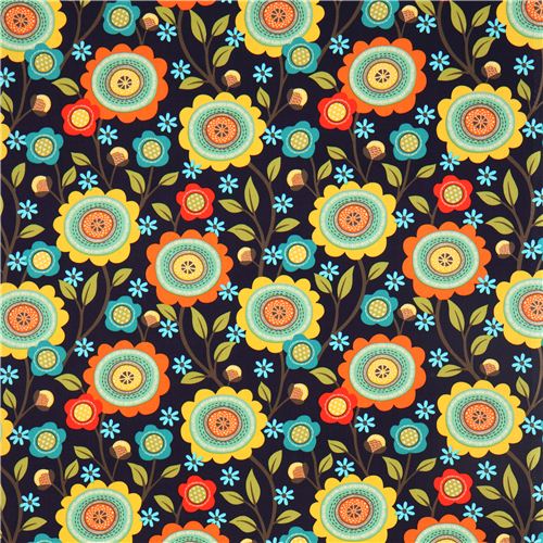 navy blue stitched flower fabric de Michael Miller 2