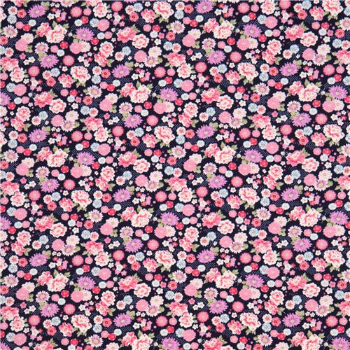 navy blue structured pretty pink purple flower dobby fabric from Japan ...