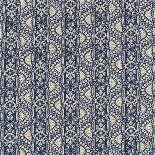 navy blue tan fabric with ornament design stripe by Timeless Treasures ...