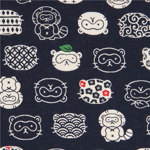 navy blue with tanuki raccoon dog pattern animal fabric Fabric