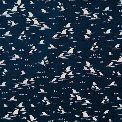Tissu coton bleu marine Jaws créatures de l'océan blanches Tissu