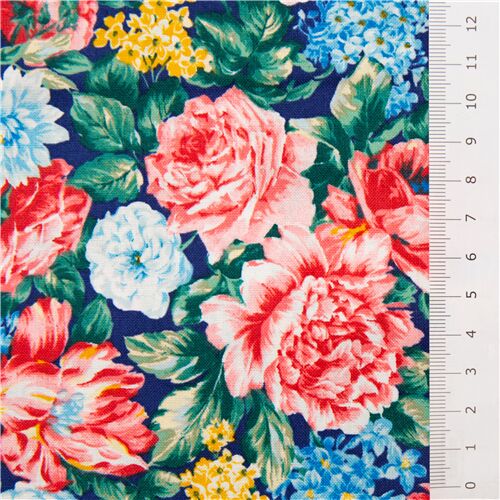navy fabric with colorful painted roses dahlias lilac tulips by Liberty  Fabrics