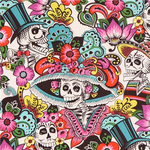 off-white Alexander Henry fabric big colorful flower happy skeleton sombrero 4