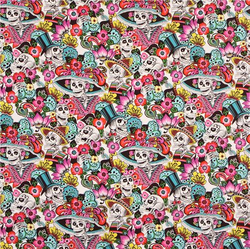 off-white Alexander Henry fabric big colorful flower happy skeleton sombrero 5