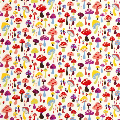 off-white Alexander Henry fabric with colourful mushrooms 2