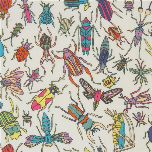 off-white Tana Lawn cotton fabric by Liberty Fabrics with colorful insects Fabric