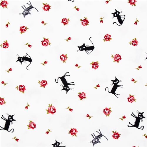 Tissu CocoLand cru avec des chats et des roses, import du Japon Tissu