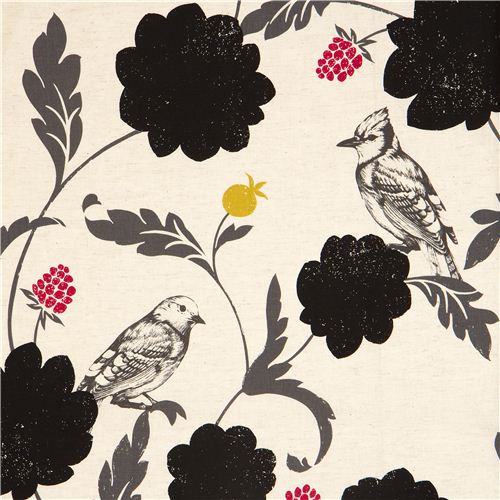 off-white echino canvas fabric Dahlia bird & flower 1