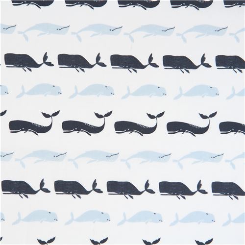 off-white fabric cute light blue dark grey-blue whale animal by Dear ...