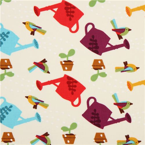 off-white gardening watering cans fabric Timeless Treasures 1
