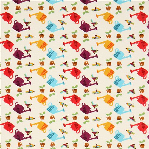 off-white gardening watering cans fabric Timeless Treasures 2