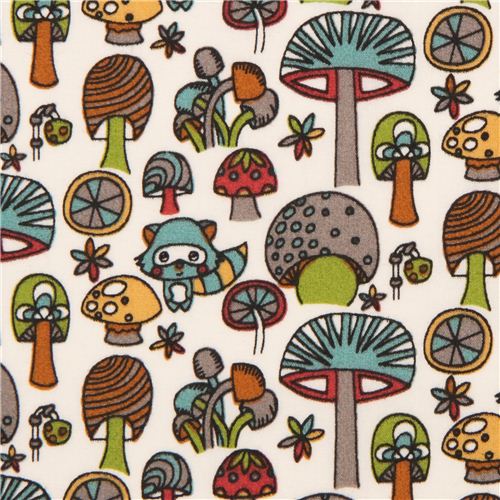 off-white mushroom & raccoon organic fabric birch USA 'Mushroom Forest' 1