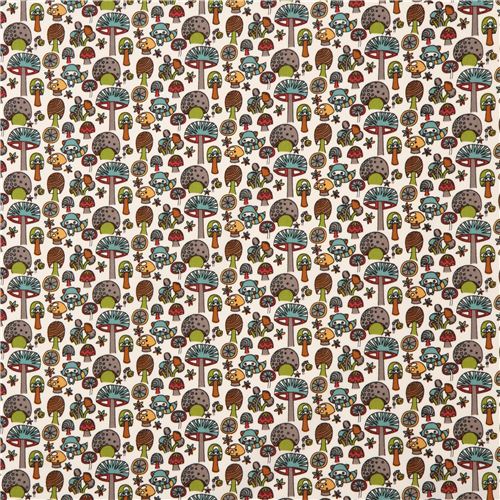 off-white mushroom & raccoon organic fabric birch USA 'Mushroom Forest' 3