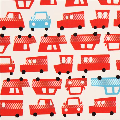 off-white oxford fabric with red and blue cars Kokka Japan Fabric