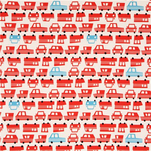 off-white oxford fabric with red and blue cars Kokka Japan 2