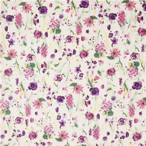 Remnant (38 x 110 cm) - off white purple pink floral Japanese cotton ...