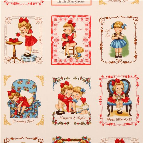 off-white retro picture little flower girl fabric Fabric by Cosmo - modes4u