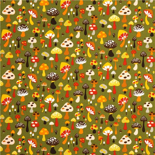 olive green Alexander Henry fabric with colourful mushrooms - Mushroom ...