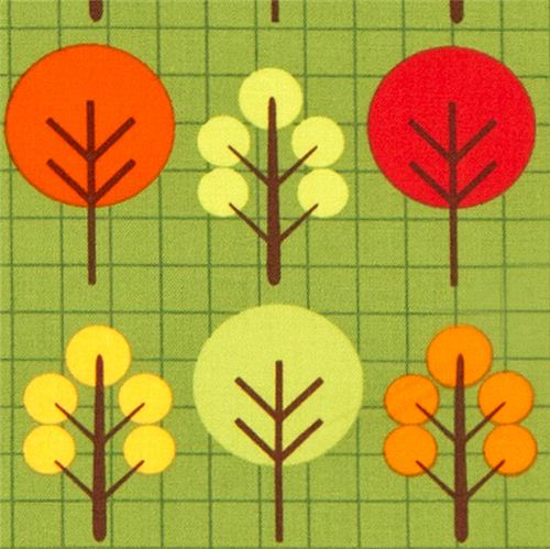 olive green fabric with trees & grid pattern Robert Kaufman 1
