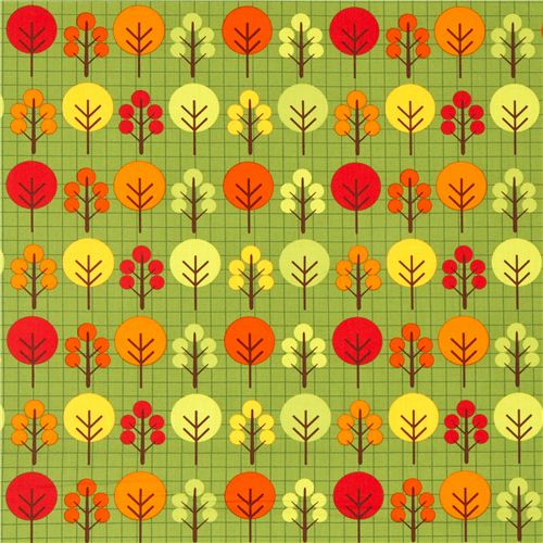 olive green fabric with trees & grid pattern Robert Kaufman 2