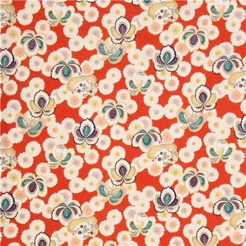 orange Asia flower fabric with gold metallic from Japan - Flower Fabric ...