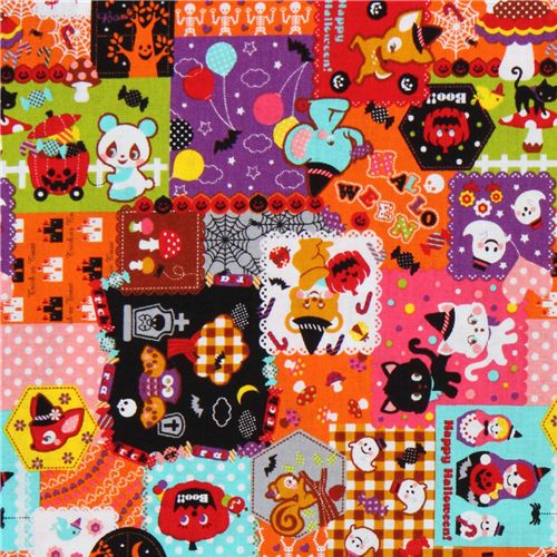 orange Halloween fabric animals witches pumpkins kawaii 1