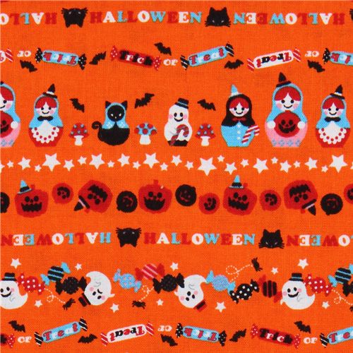 orange Halloween fabric matryoshka witches cat ghosts 1