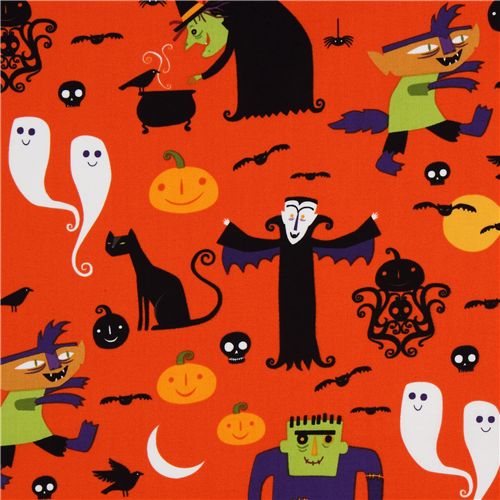 Tessuto arancione Halloween con Frankenstein e Dracula Tessuto