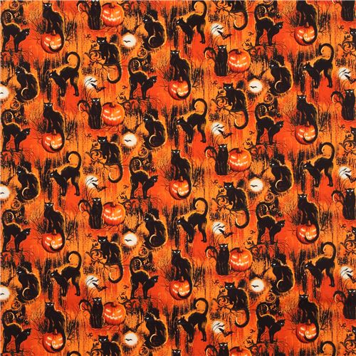 Orange Halloween Fabric With Black Cats By Timeless Treasures - Modes4u