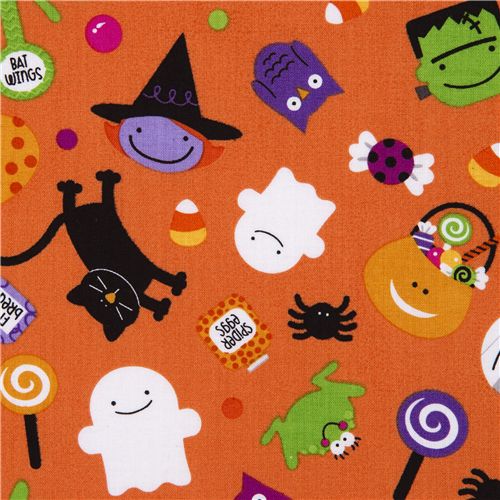 orange Riley Blake Halloween fabric ghosts spiders 1