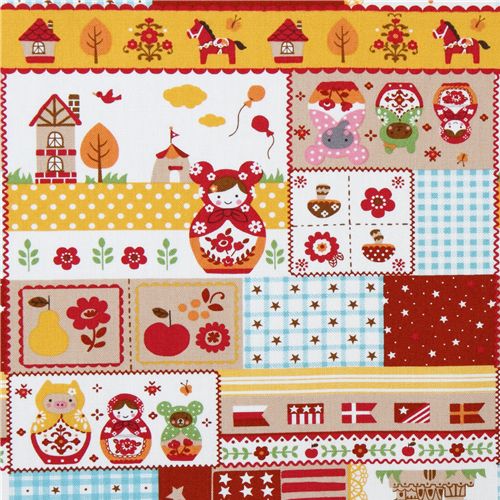 orange animals matryoshkas Kokka oxford fabric Japan 1