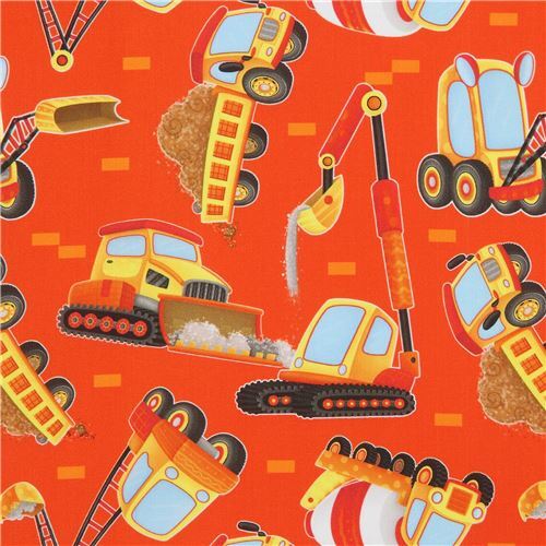 Remnant (18 x 109 cm) orange construction vehicle fabric by Quilting