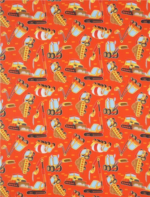 Remnant (18 x 109 cm) orange construction vehicle fabric by Quilting