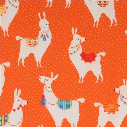 Tela naranja de llamas en crema claro Tela