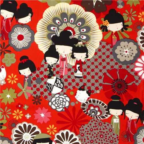 orange red Japanese Kokeshi doll fabric by Alexander Henry 1