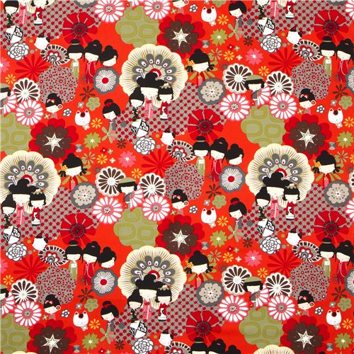 orange red Japanese Kokeshi doll fabric by Alexander Henry 2