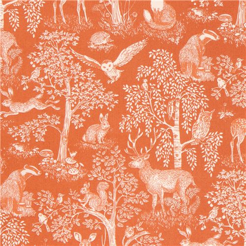 orange with light cream forest fox deer owl animals fabric by Andover Sherwood 1
