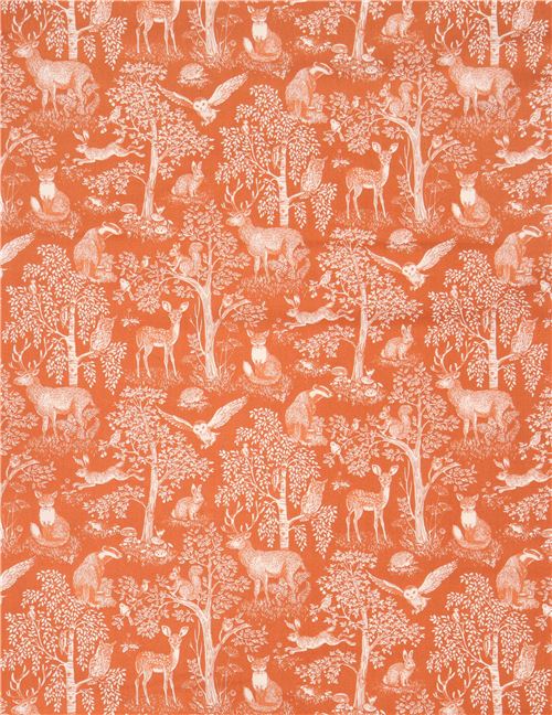 orange with light cream forest fox deer owl animals fabric by Andover Sherwood 2