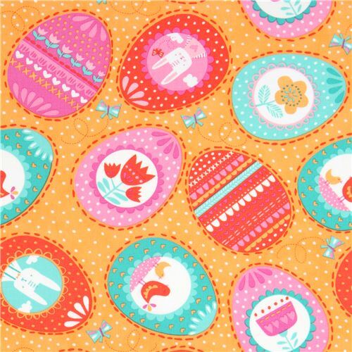 orange with rabbit bird colorful egg fabric Moda Fabrics Fabric