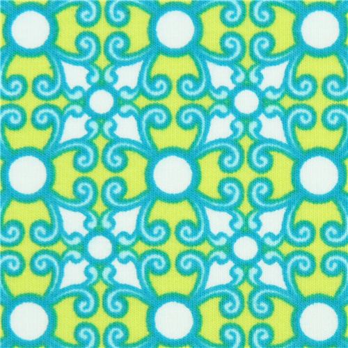 ornament flower knit fabric lime green Robert Kaufman 1
